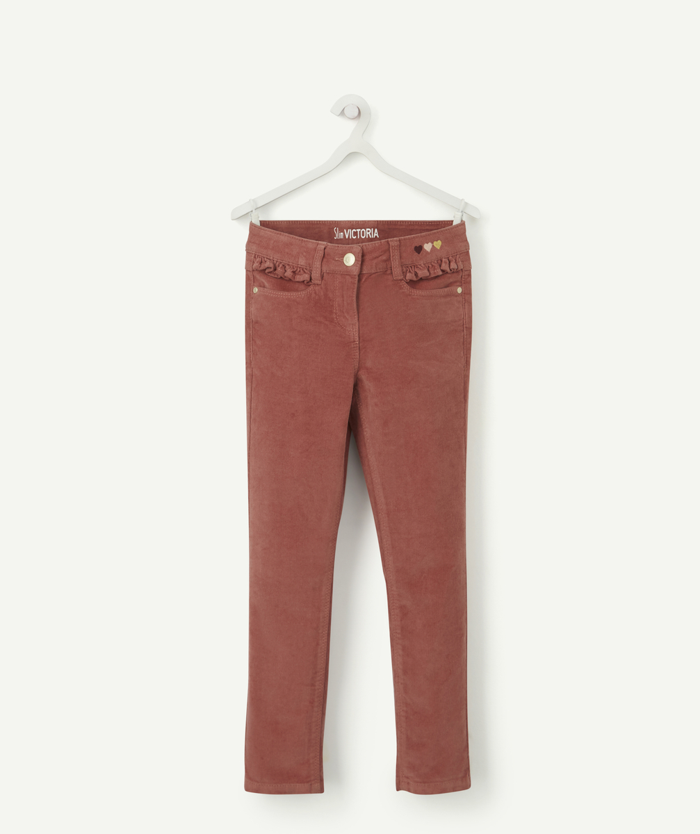 Pantalon slim rose en velours côtelé fille avec volants - 2 A