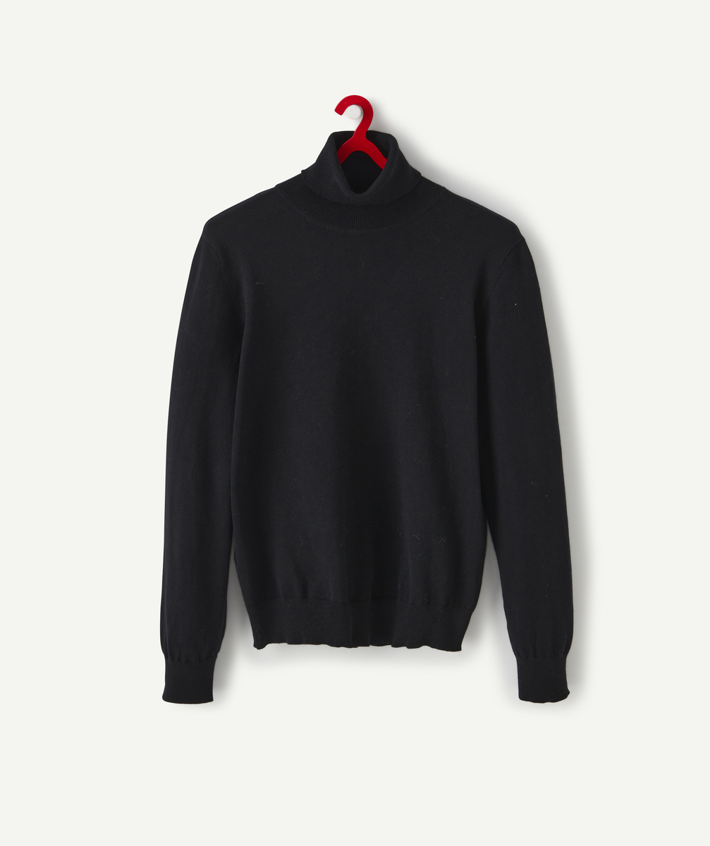 Pull garçon en maille fine noir uni avec col roulé - XXS