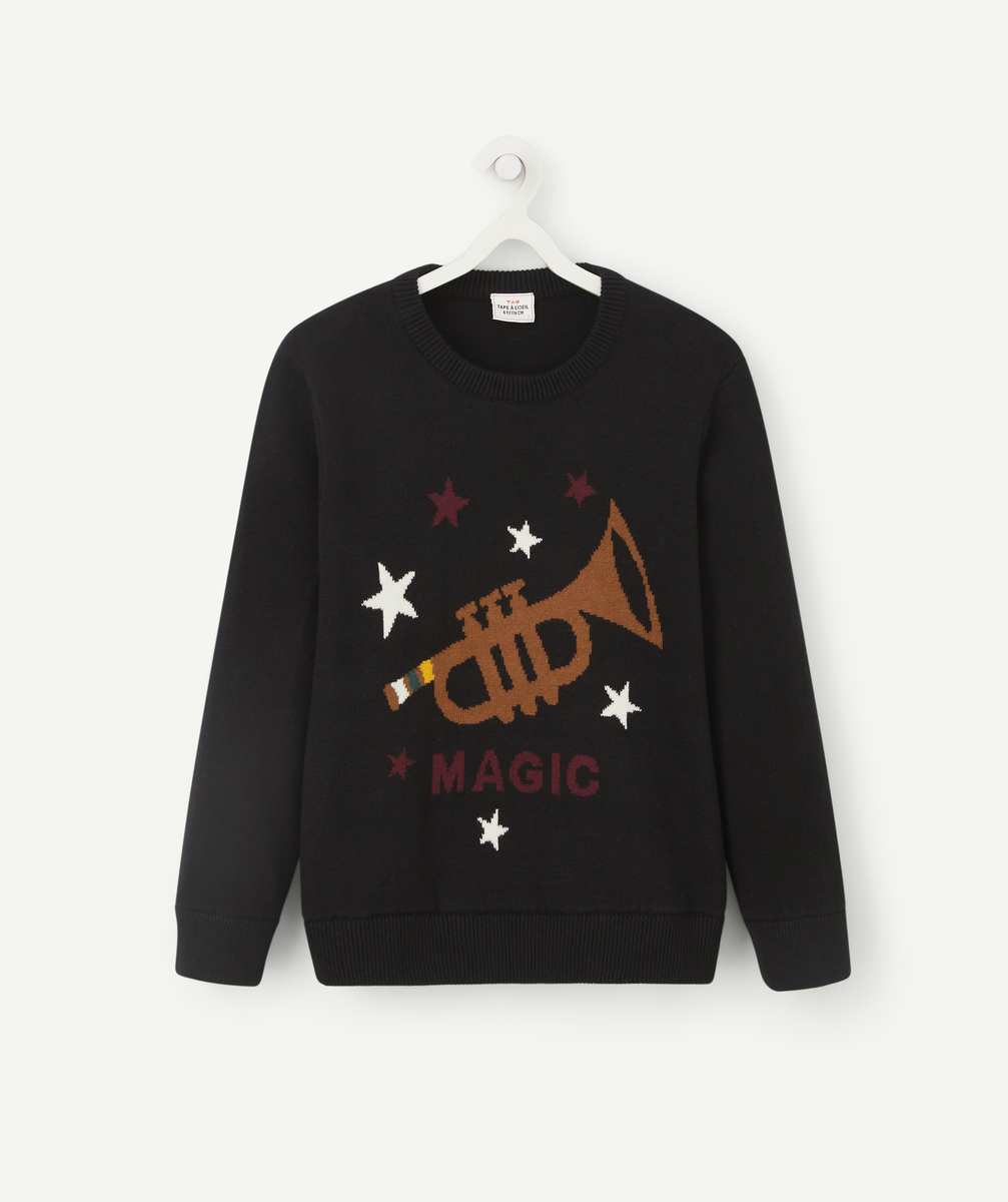 Pull en tricot noir garçon avec motif trompette - 3 A
