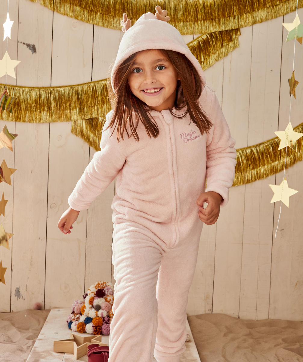 Surpyjama de noël fille en polaire rose avec capuche et oreilles de cerf - 10 A