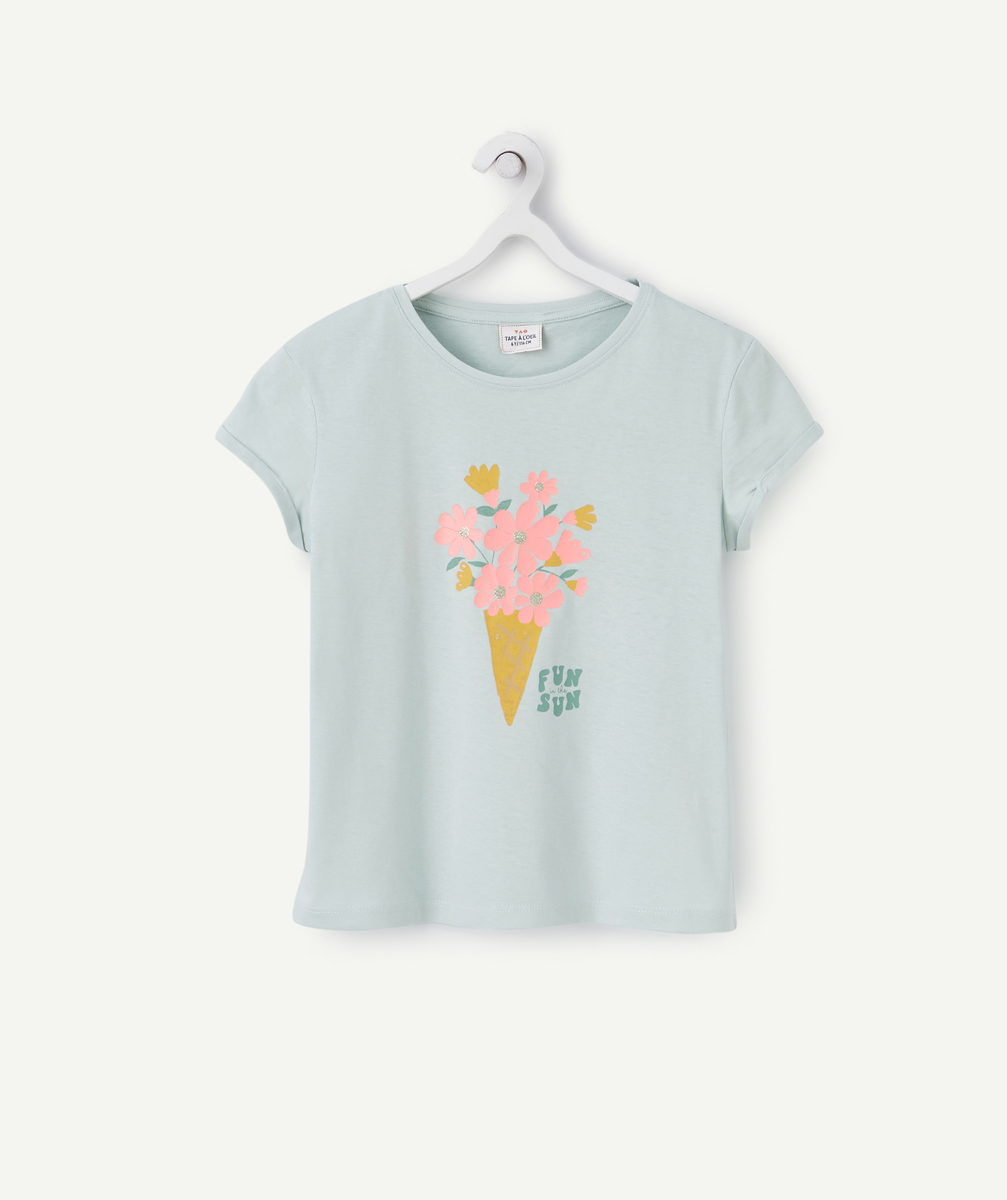 T-shirt fille en coton reyclé vert d'eau avec cornet de fleurs - 10 A