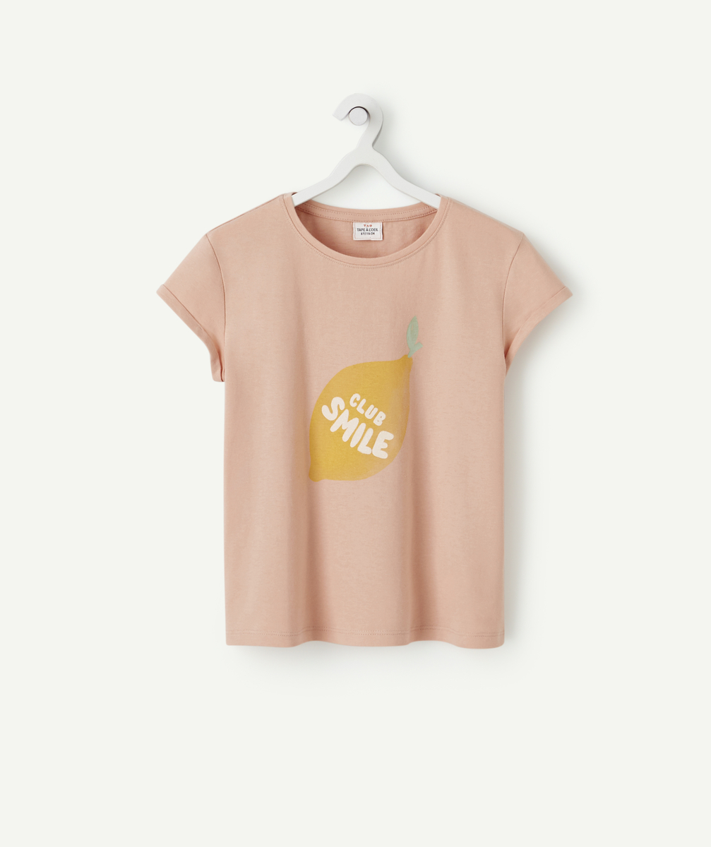 T-shirt fille en fibres recyclées rose avec message et citron - 12 A