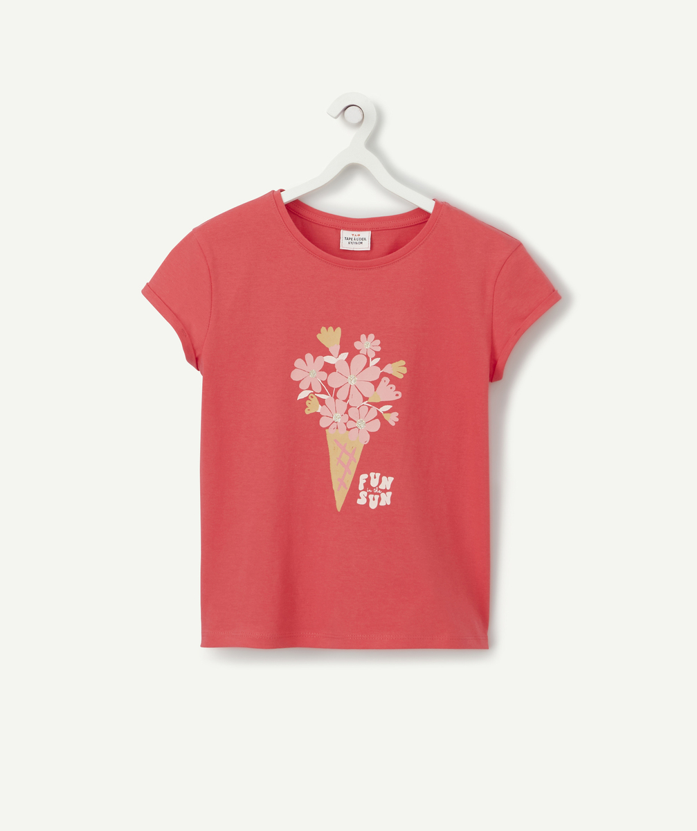 T-shirt fille rouge avec flocage bouquet de fleurs - 2 A
