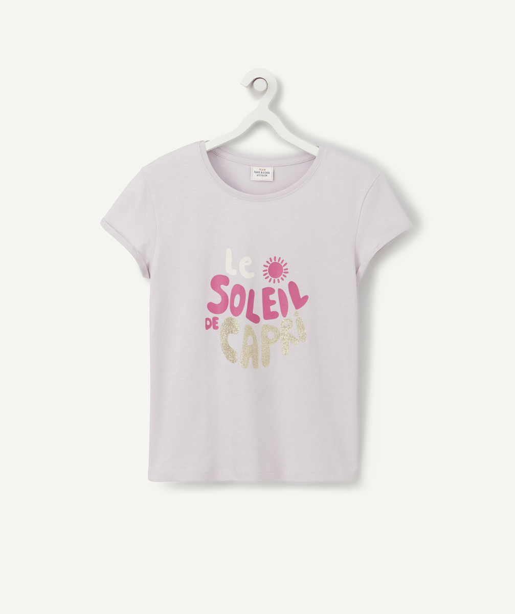 T-shirt fille en fibres recyclées parme avec message rose - 12 A