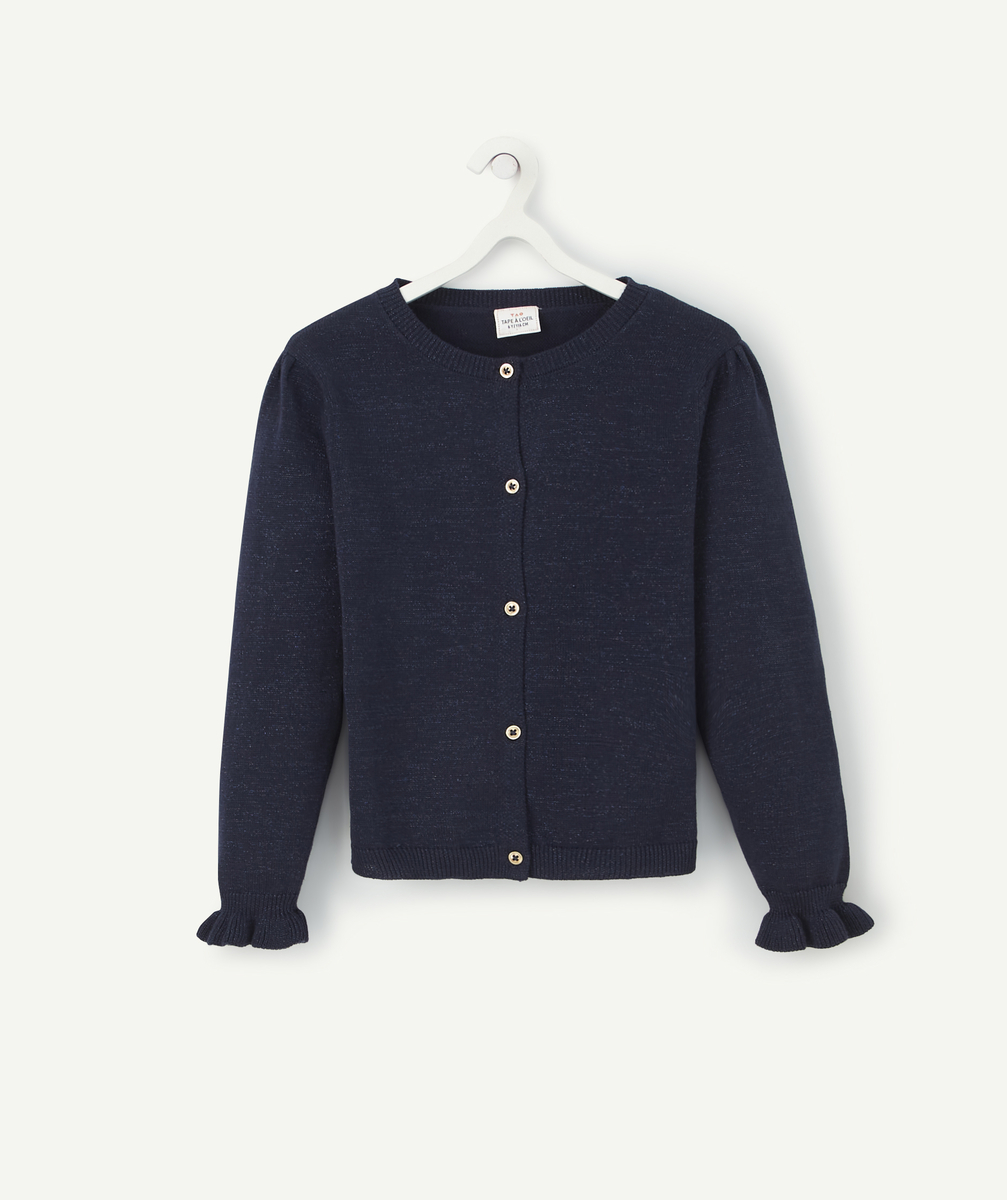 Cardigan fille en maille pointelle marine et brillants avec volants - 2 A
