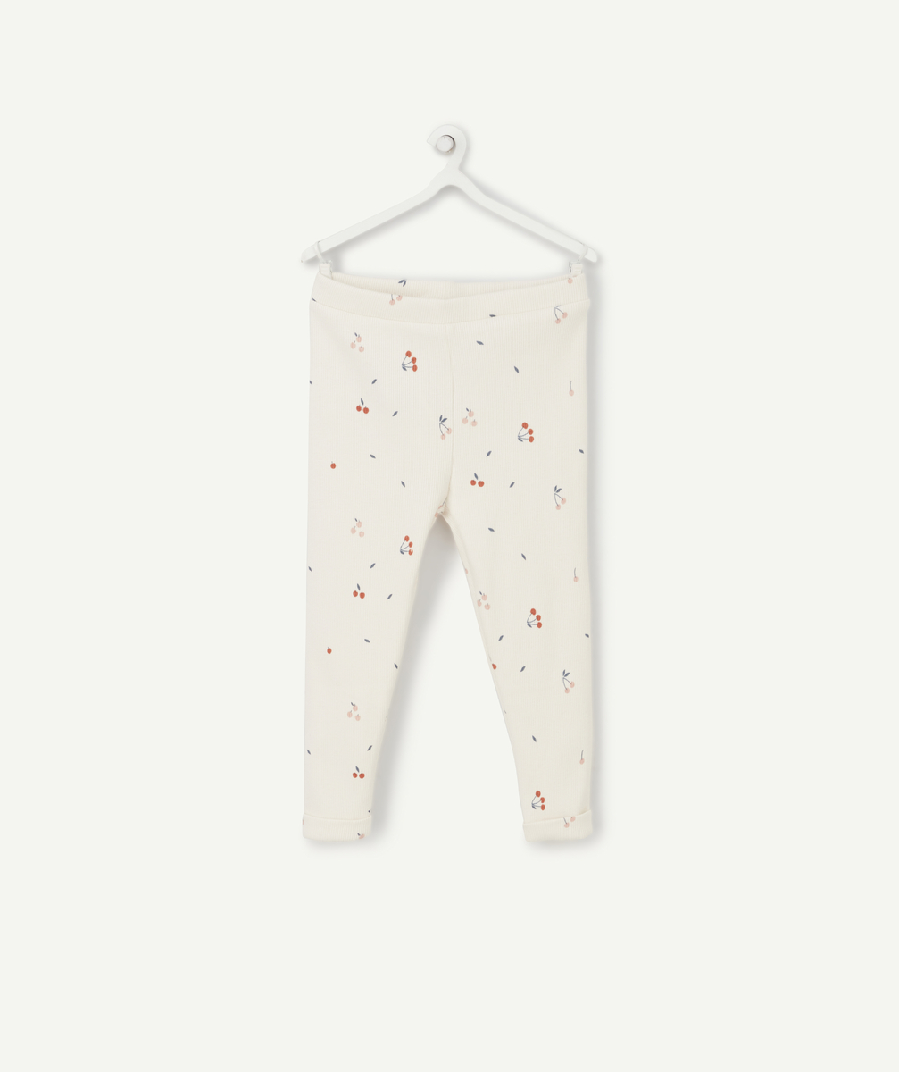 Legging bébé fille en coton bio blanc côtelé avec cerises - 12 M