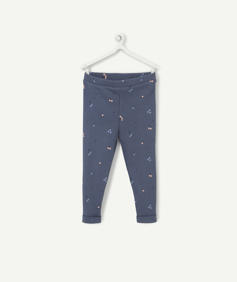 Legging bébé fille en coton bio bleu côtelé avec cerises - 9 M