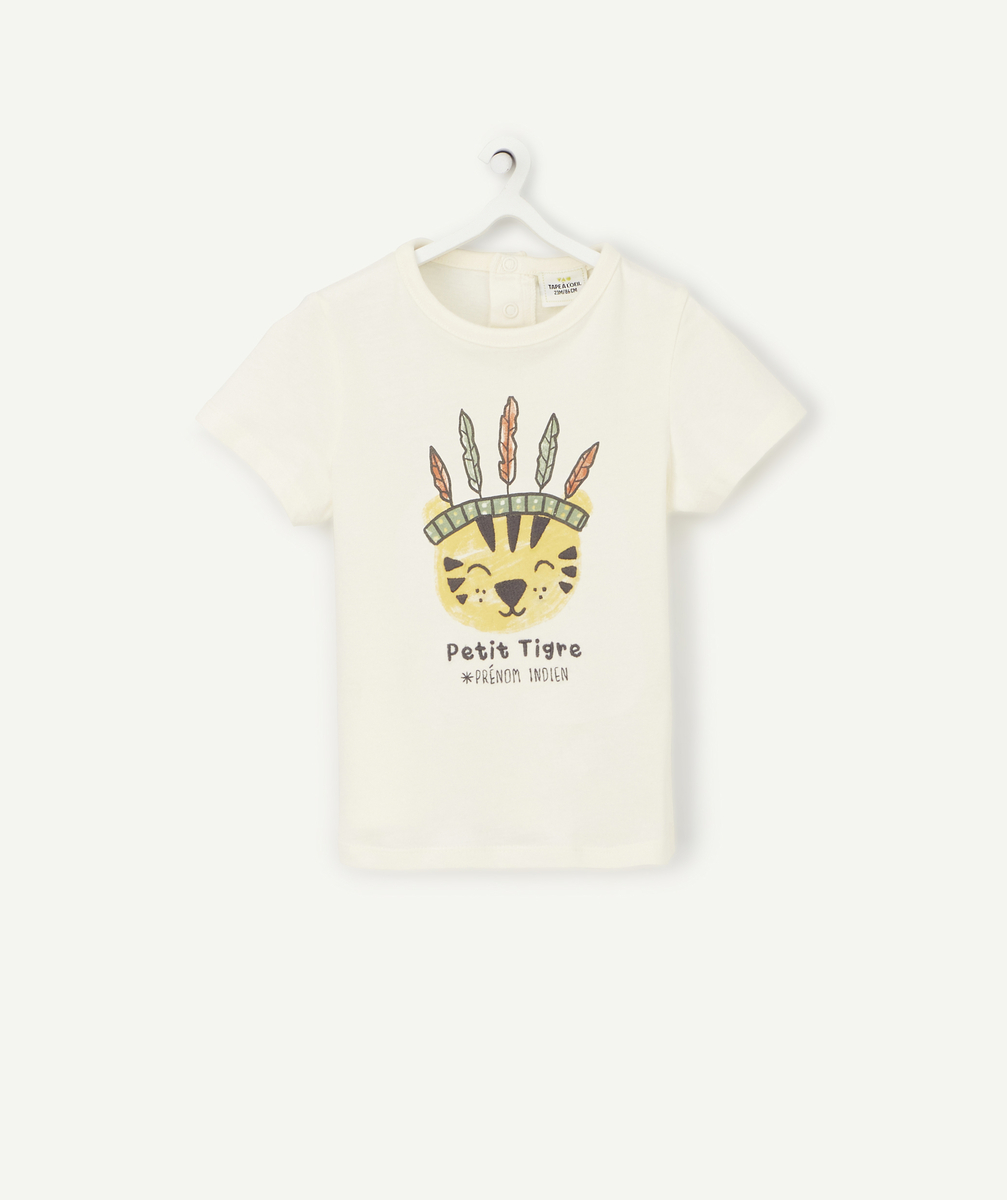 T-shirt bébé garçon en fibres recyclées écru avec tigre indien - 18 M
