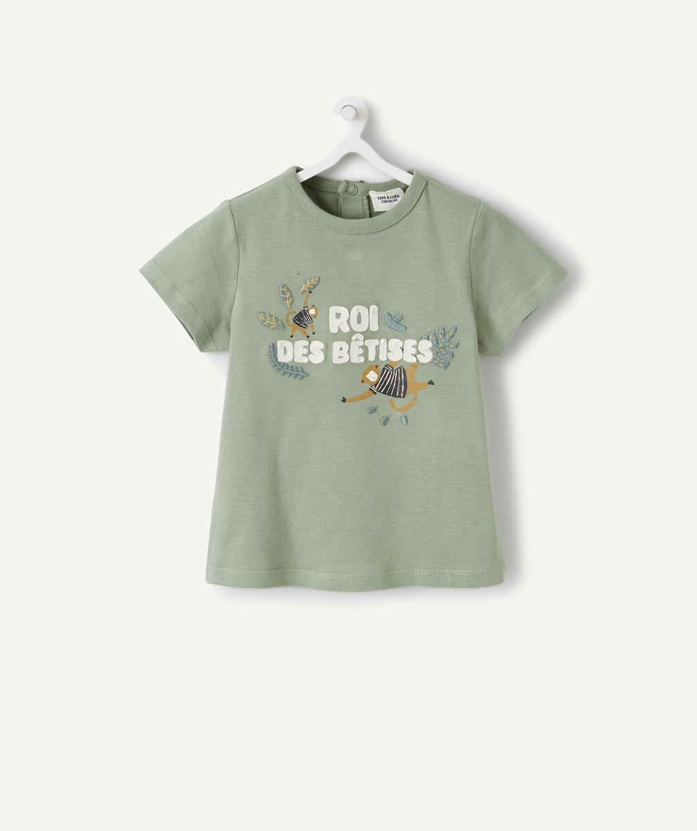 T-shirt en fibres recyclées vert avec message et singes bébé garçon - 1 M