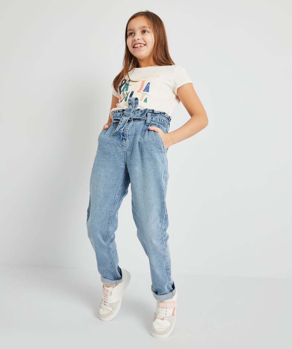 Pantalon coupe mom fille en denim bleu low impact - 10 A