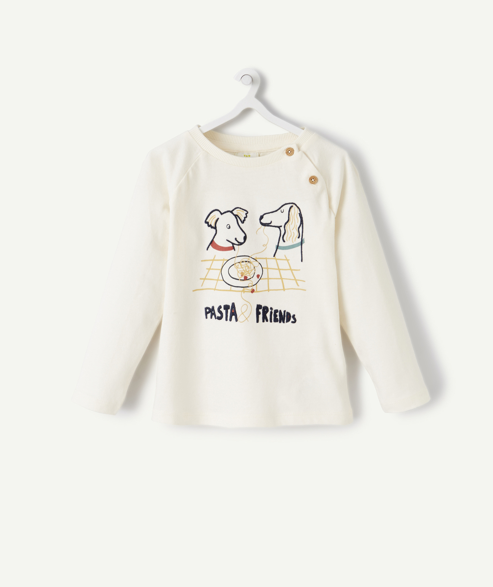 T-shirt écru en coton bio avec chien et pasta bébé garçon - 9 M