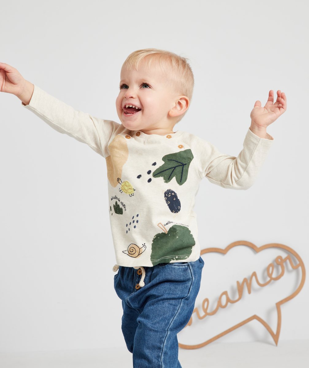 T-shirt bébé garçon en coton écru et imprimé avec animaux - 6 M