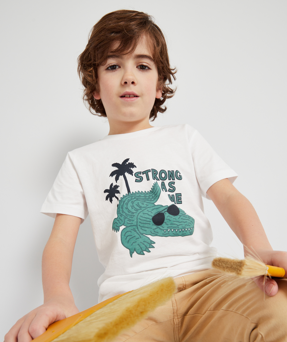 T-shirt garçon en coton bio blanc avec crocodile et message floqués - 2 A