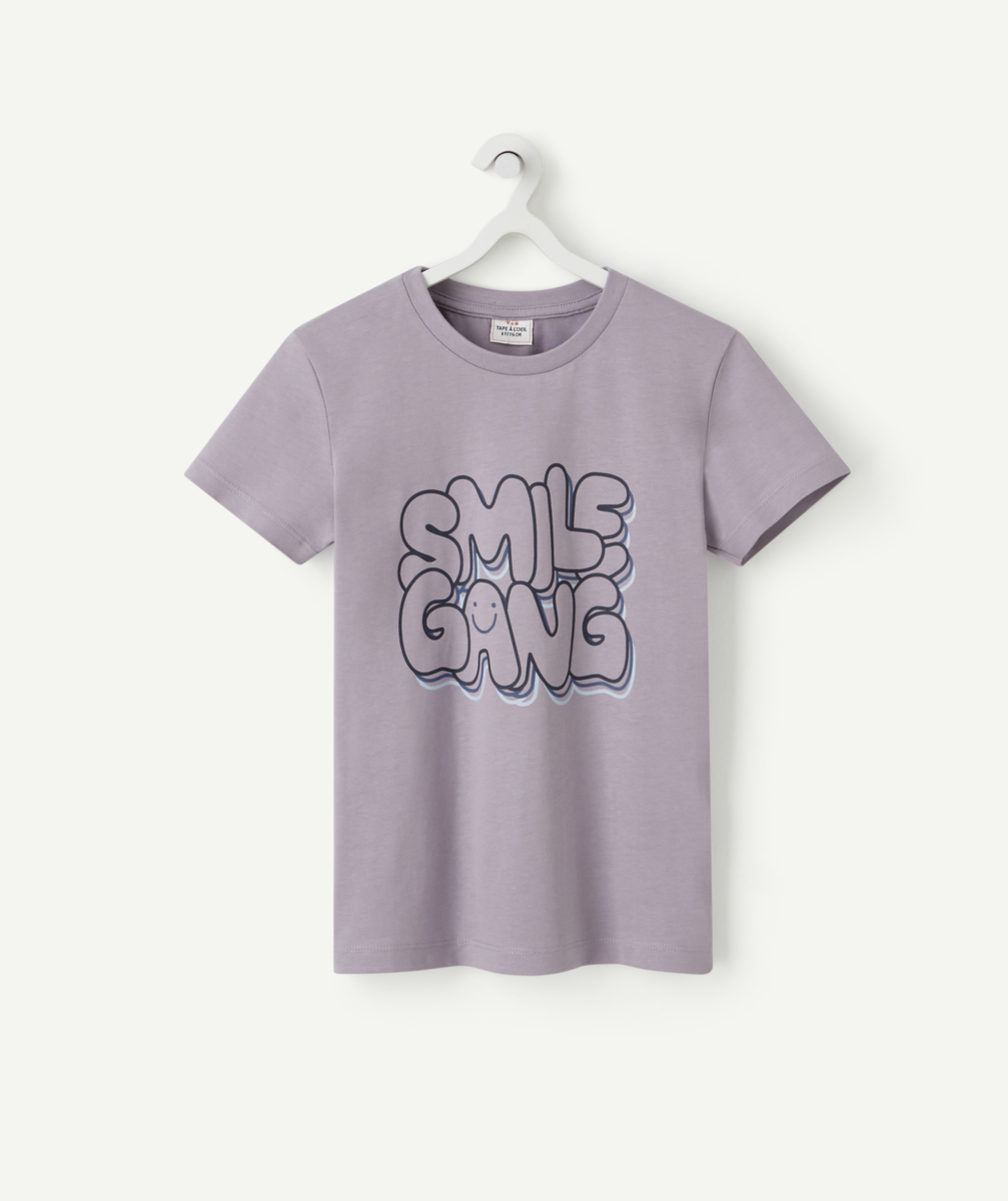 T-shirt garçon en coton biologique mauve avec message floqué - 3 A