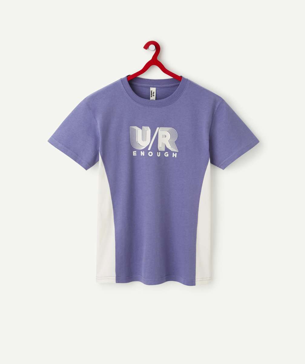 T-shirt garçon en fibres recyclées violet avec bandes blanches - XXS