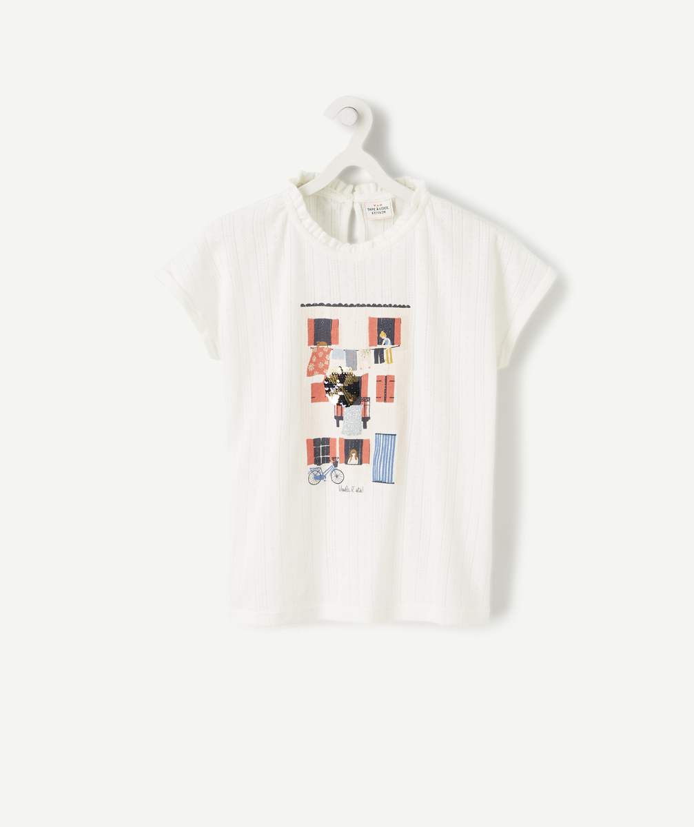 Le t-shirt ajouré écru avec animation coloré et sequins en coton - 14 A