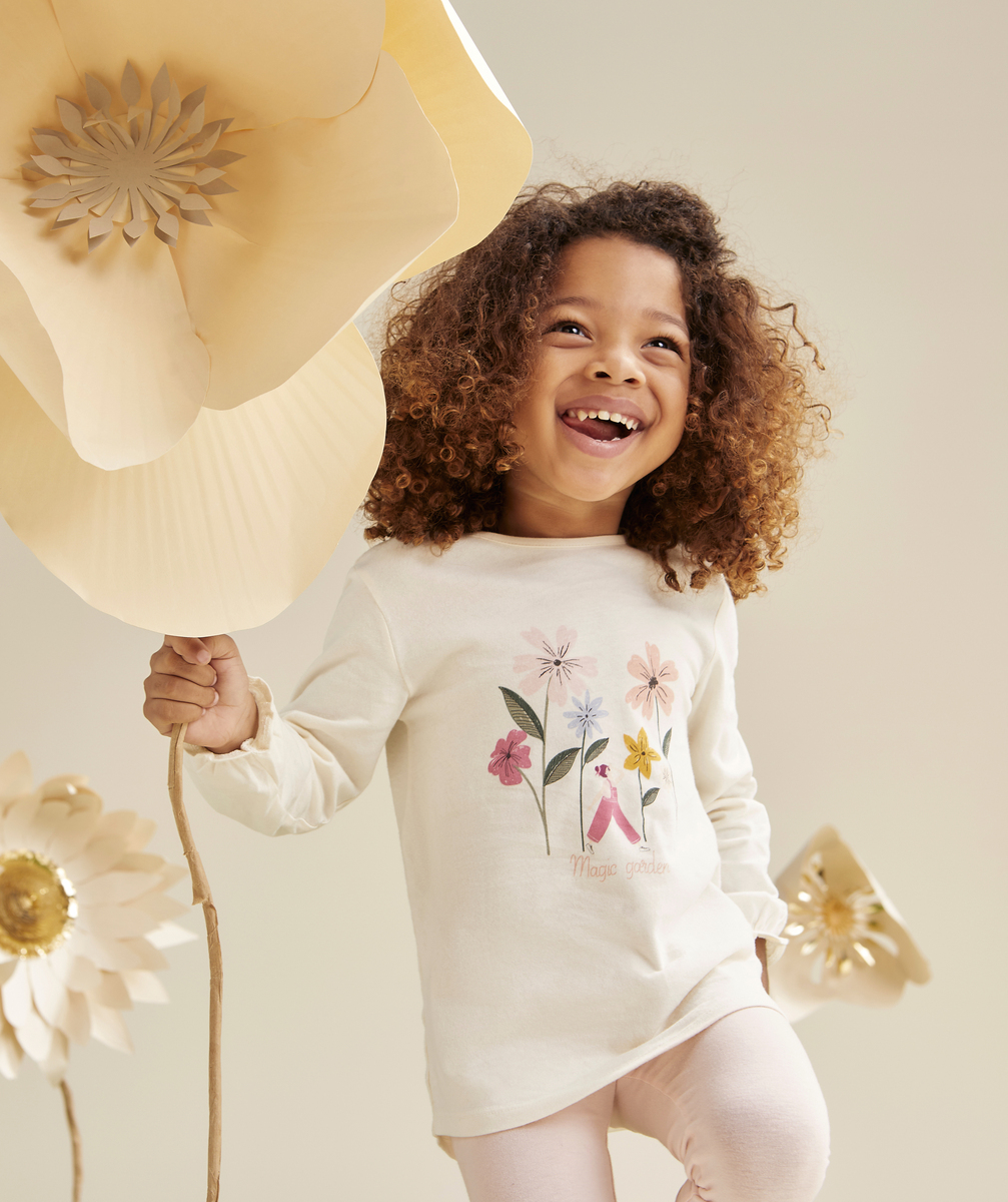 Pyjama fille en coton rose pâle et écru avec fleurs - 5 A