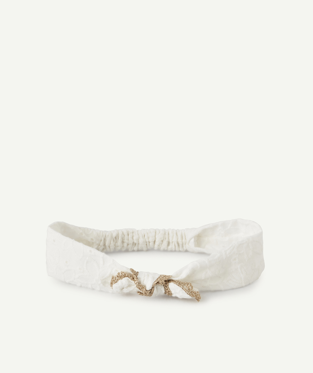 Le bandeau blanc en broderie anglaise avec noeud couleur dorée - 3-9 M