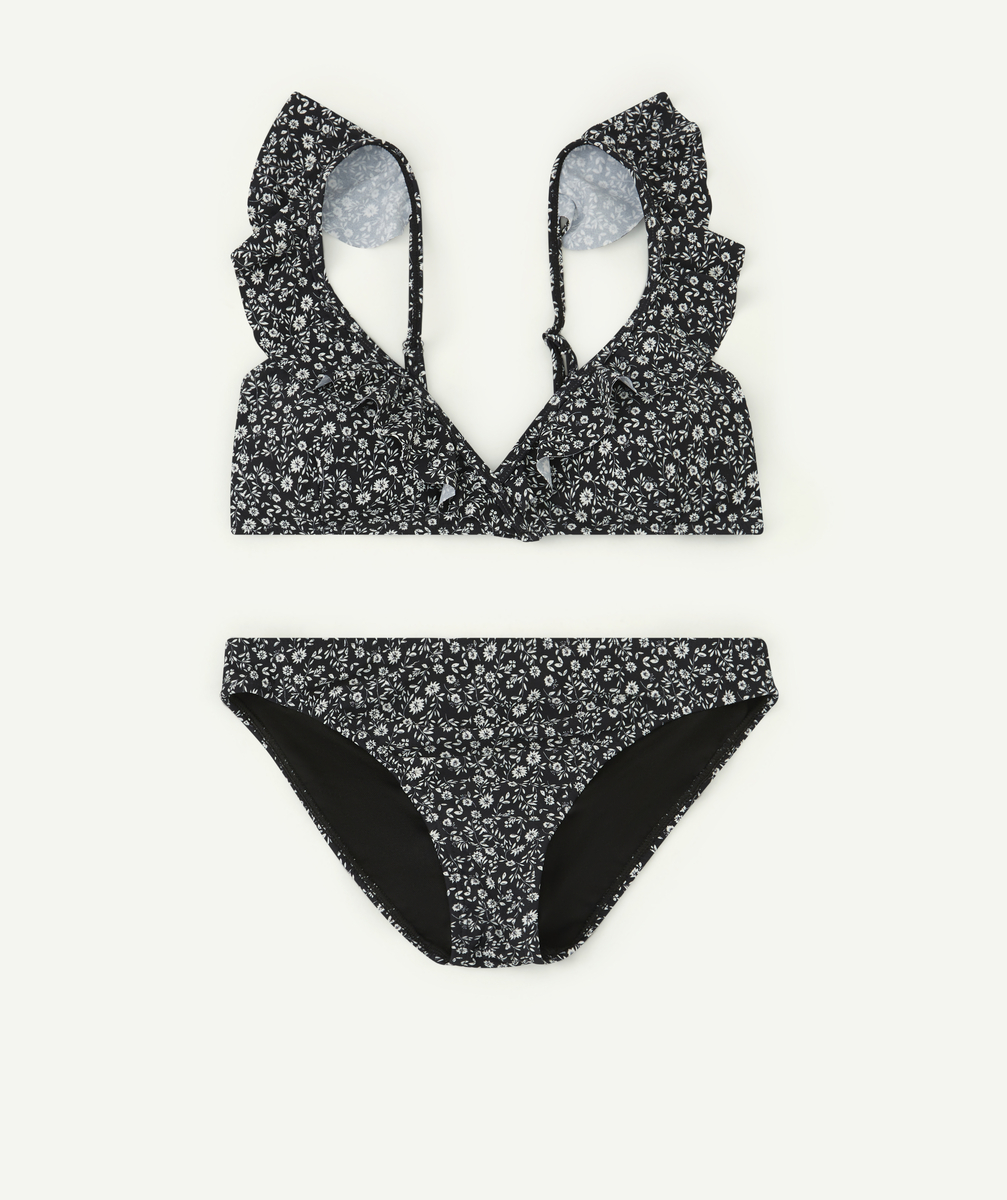 Maillot de bain fleuri noir et blanc en fibres recyclées fille - XS