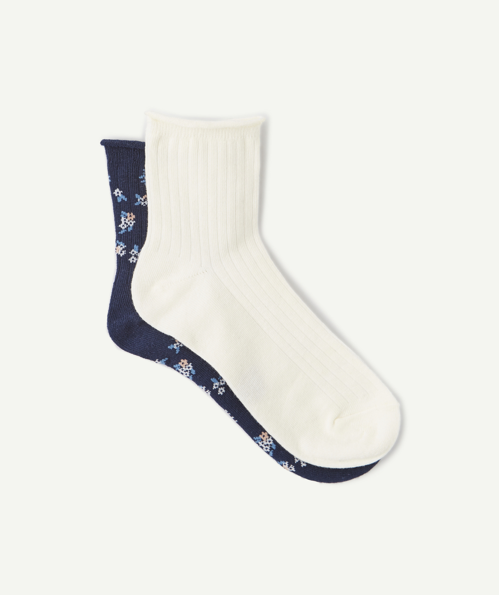 Les chaussettes hautes blanches et bleues fleuries - 39-41