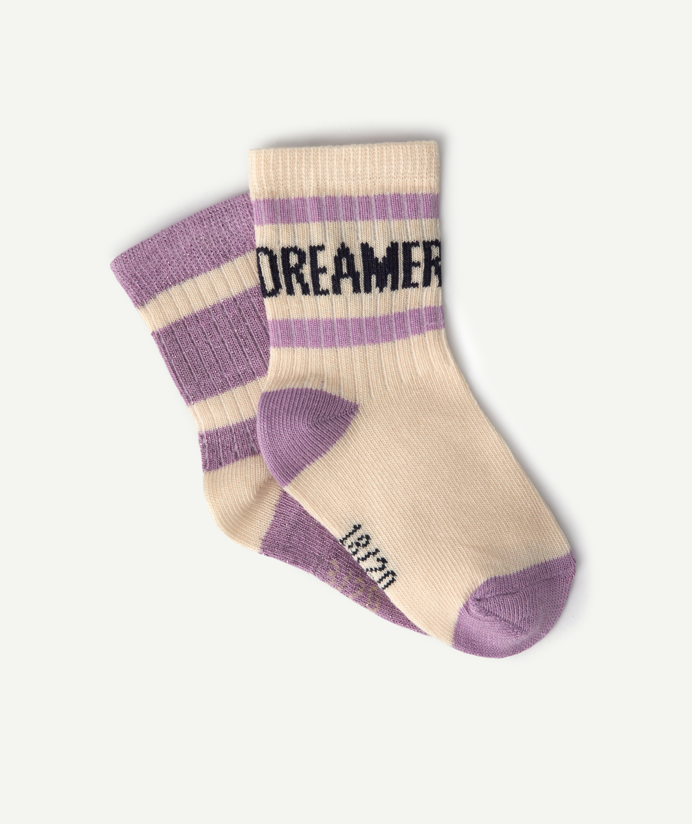Lot de 2 paires de chaussettes bébé fille en coton bio écru et violet - 18-20