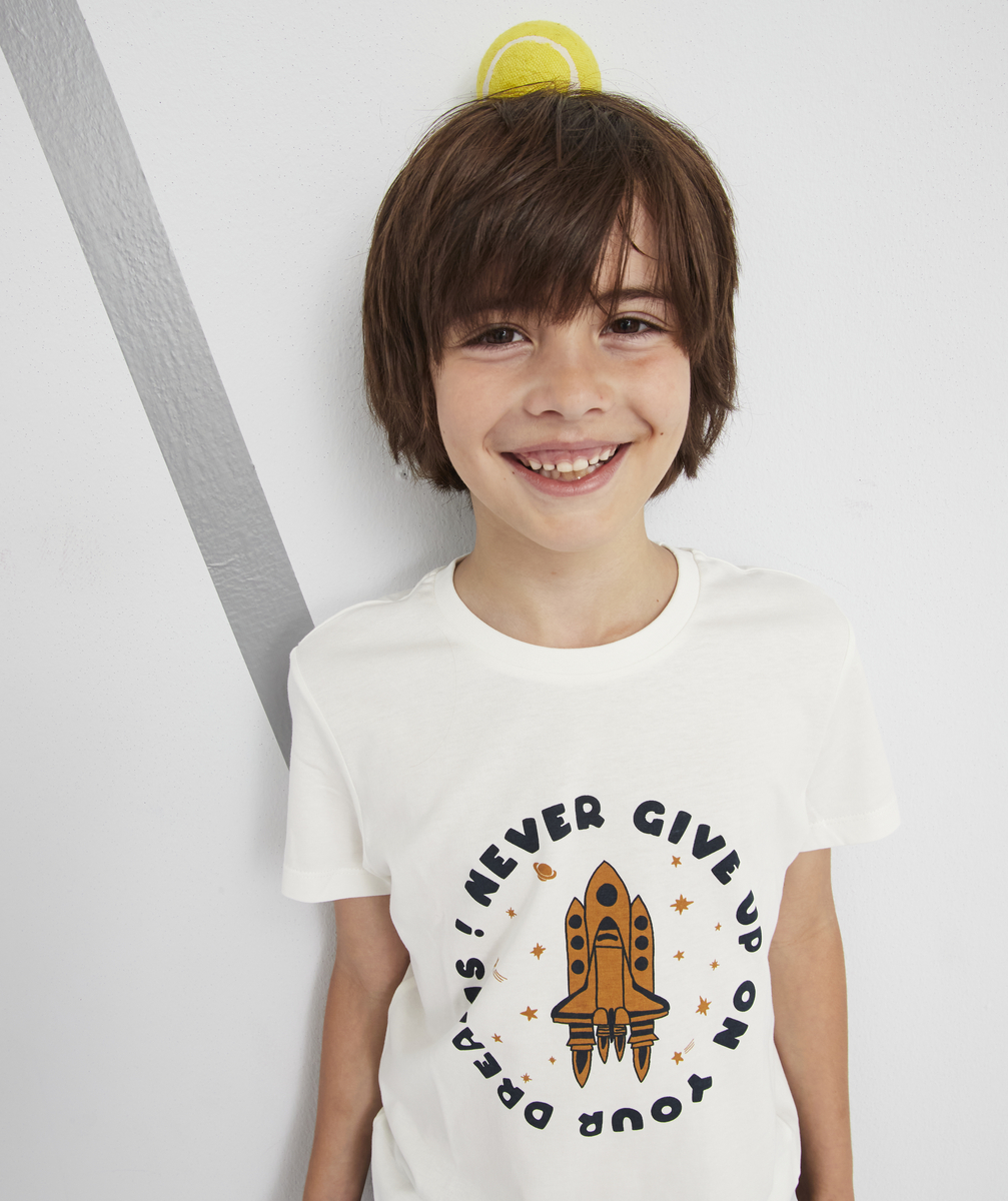 Le t-shirt blanc en coton biologique avec animation fusée - 3 A