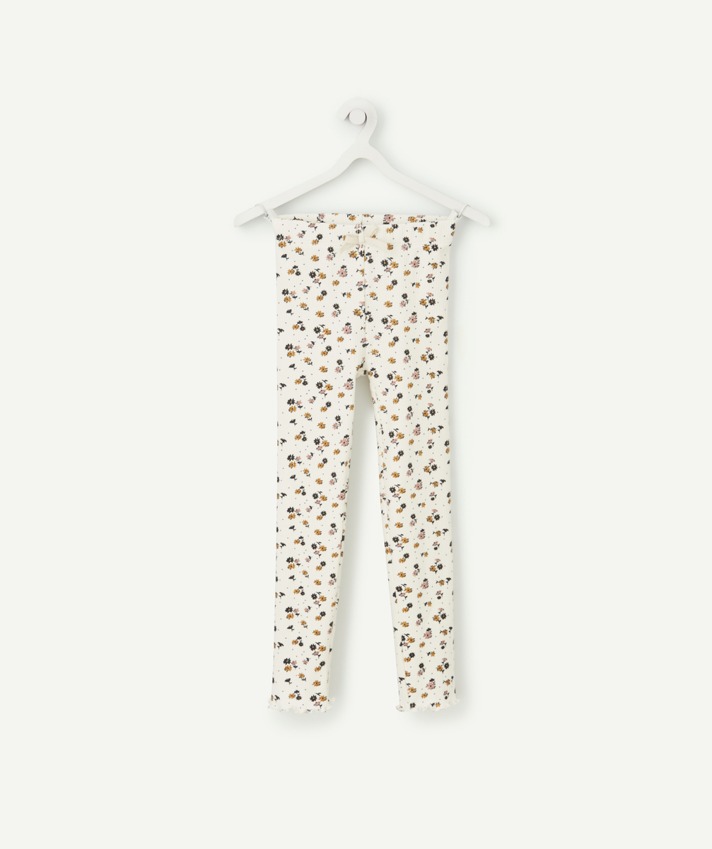 Legging blanc côtelé fleuri en coton bio fille - 9 A