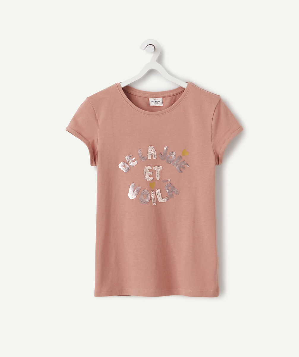 Le t-shirt rose en coton biologique avec message en sequins - 6 A