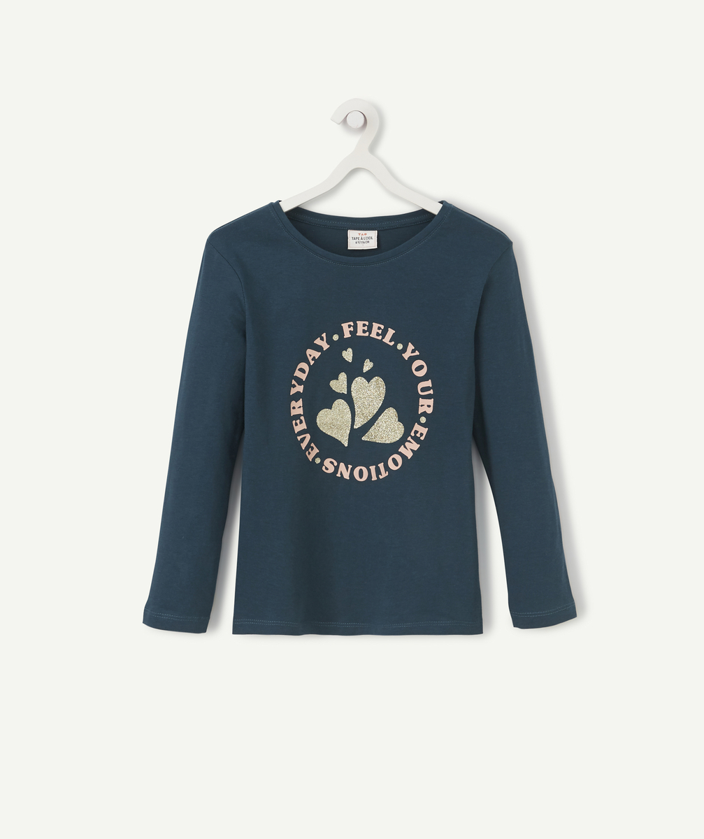 T-shirt fille en coton bio vert avec messages et coeurs pailletés - 2 A