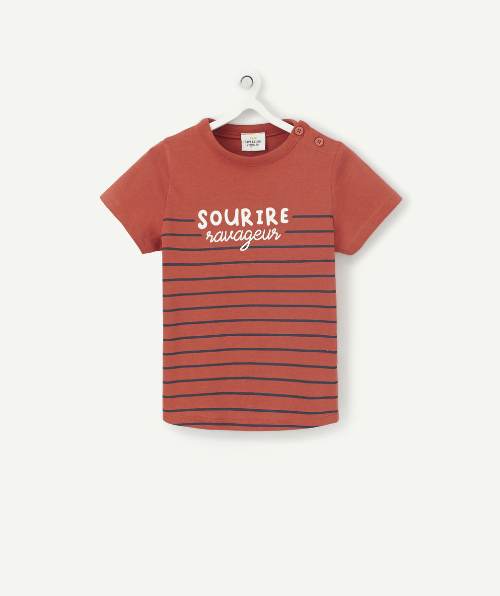 T-shirt rouge bébé garçon rayé en coton bio avec message - 1 M