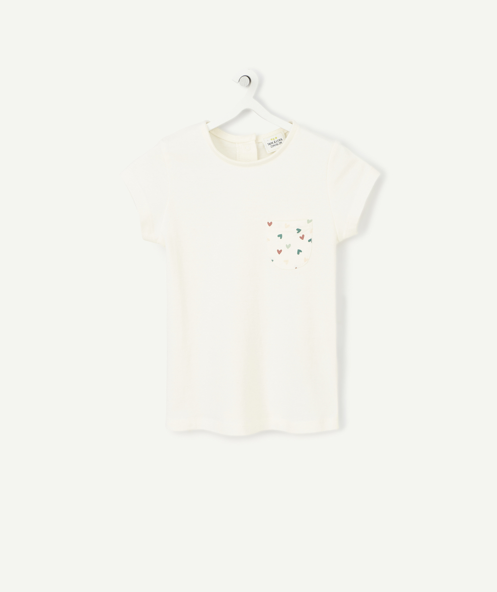 T-shirt écru bébé fille manches courtes avec motifs coeurs - 18 M