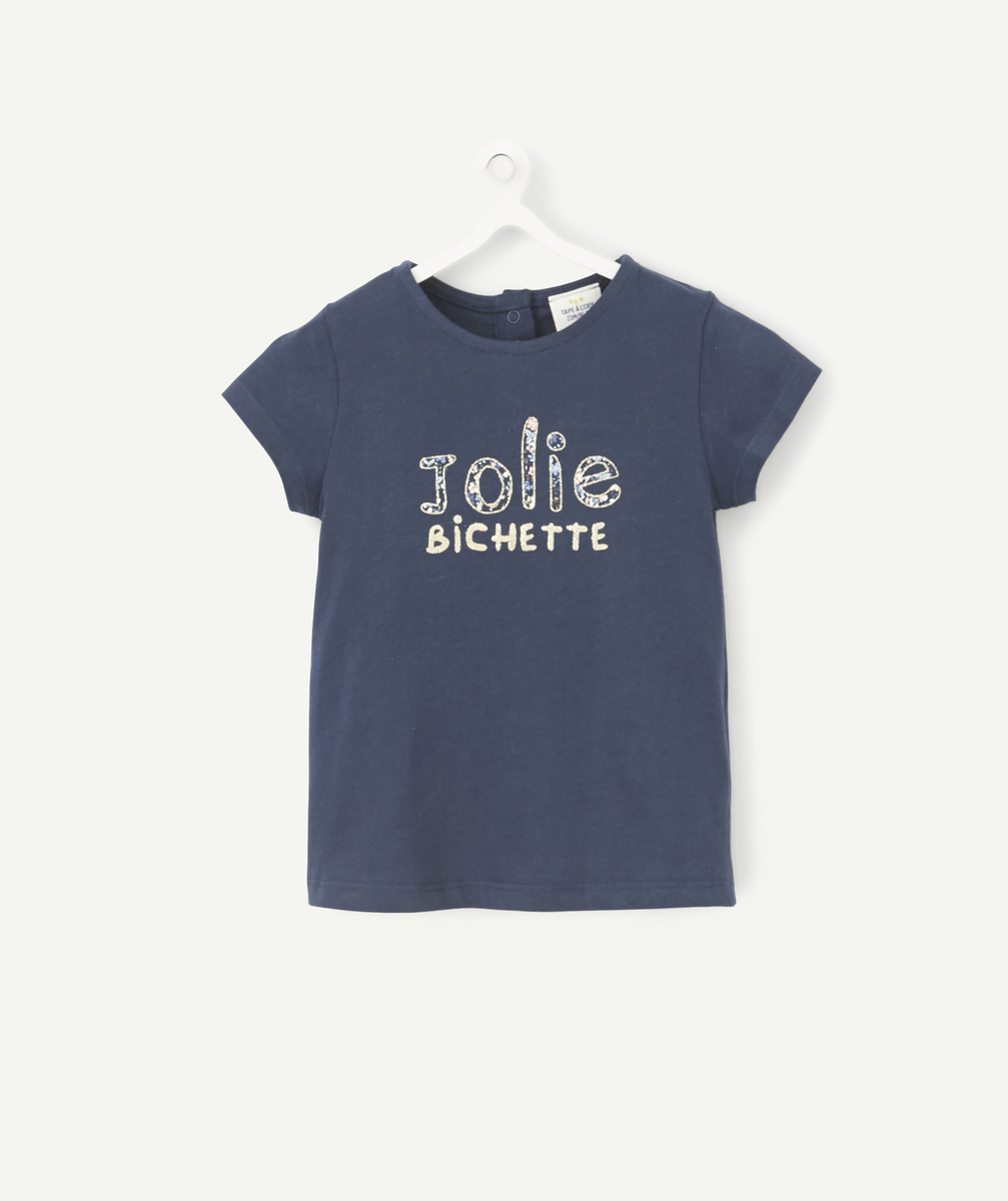 Le t-shirt marine en coton biologique avec message fleuri et pailletté - 1 M