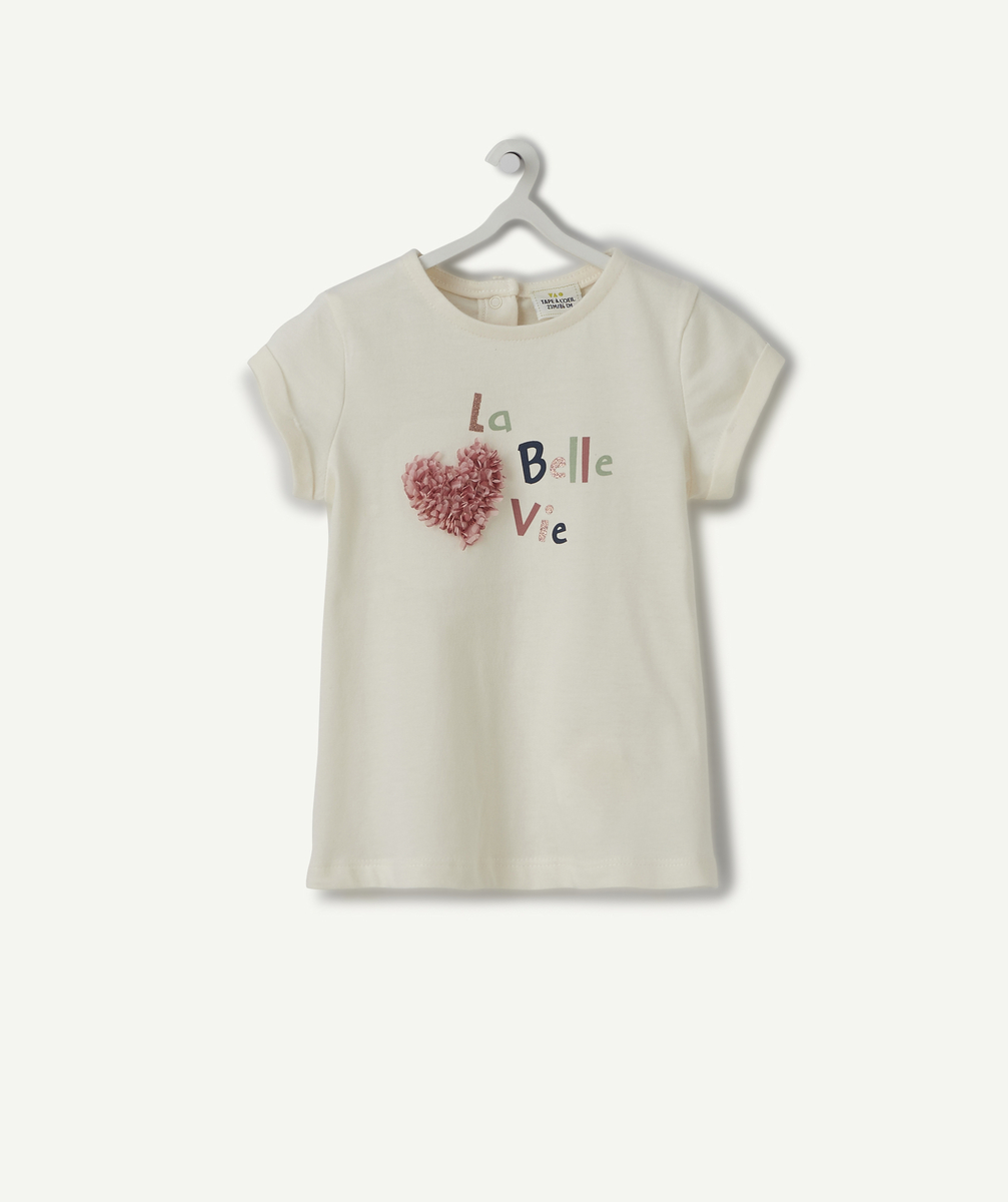 T-shirt blanc en coton bio avec coeur en relief bébé fille - 3 M