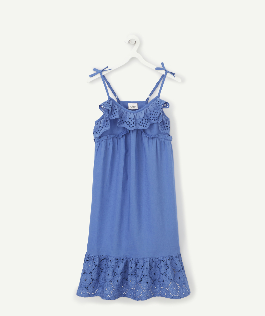 Robe mi-longue fille bleue avec volants et broderie anglaise - 4 A