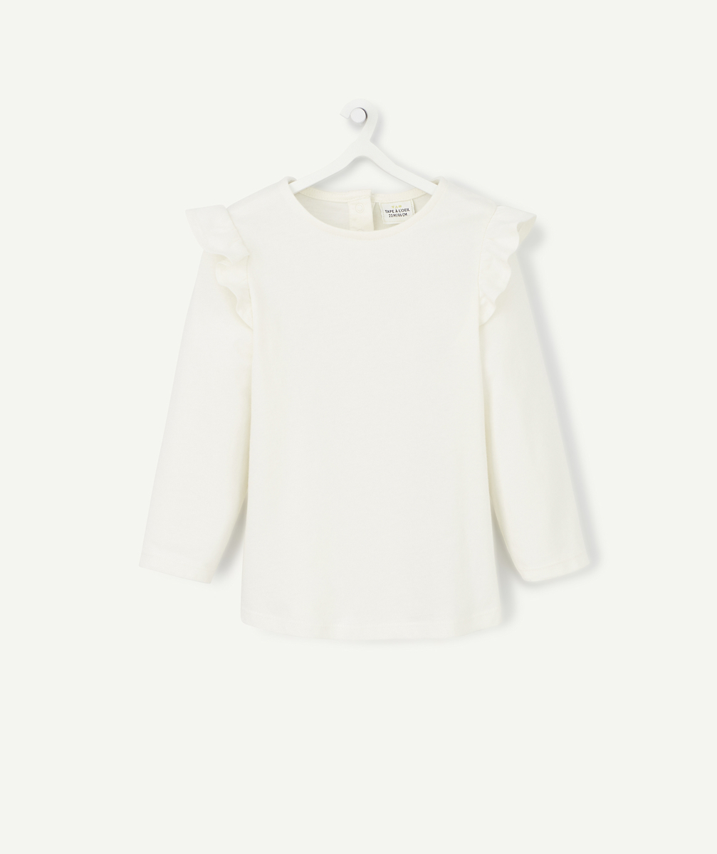 T-shirt uni blanc en coton bio bébé fille avec volants - 12 M