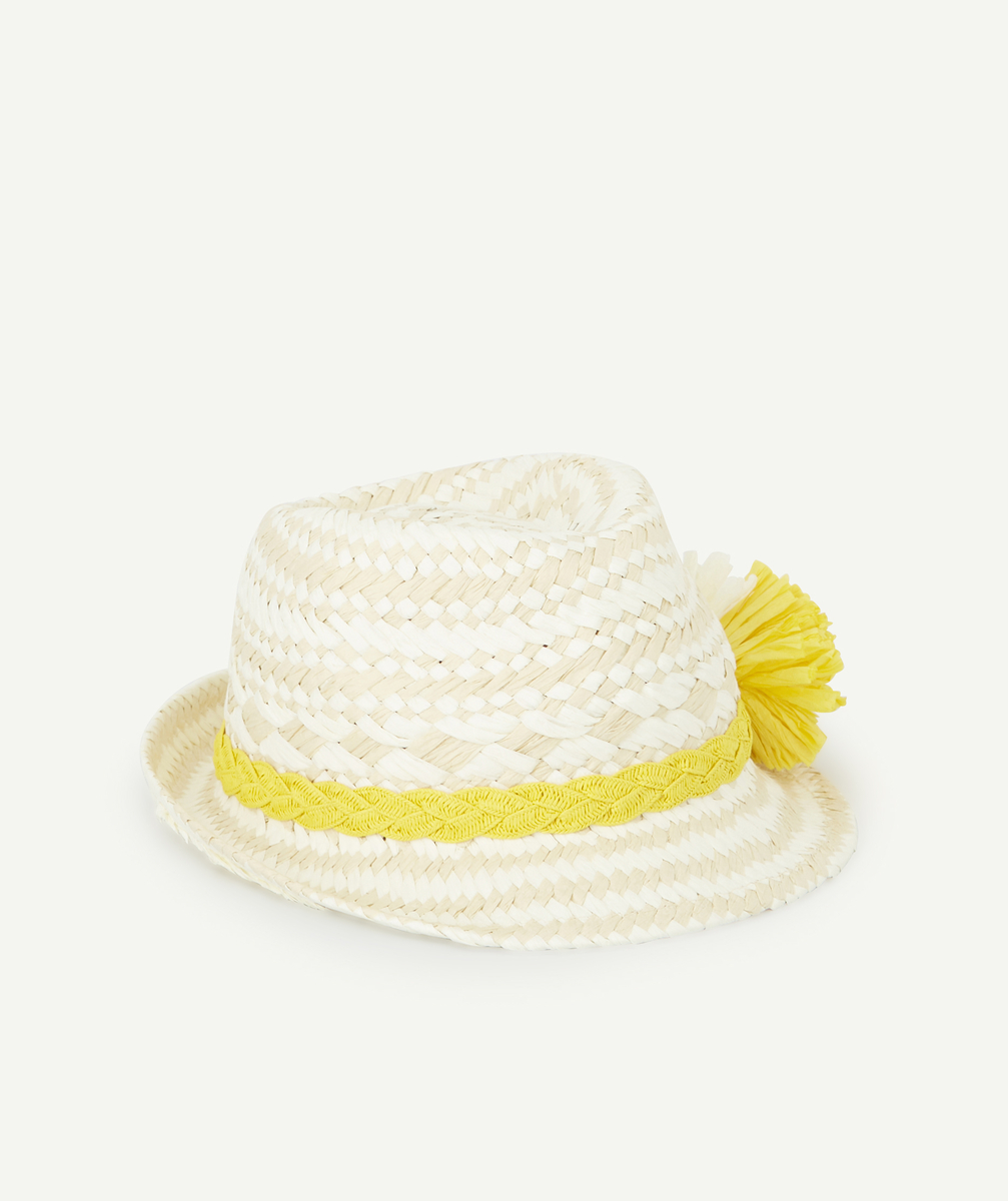 chapeau de paille avec bande tressée jaune et fleurs en relief - 55
