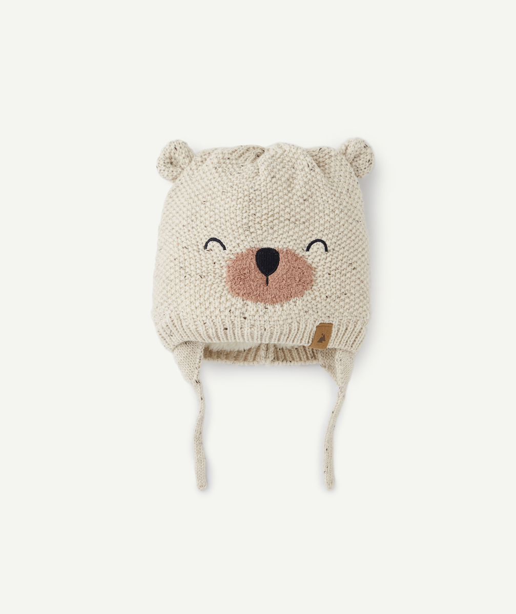 bonnet tricot bébé garçon en fibres recyclées beige motif ours avec oreilles - 3-9 m