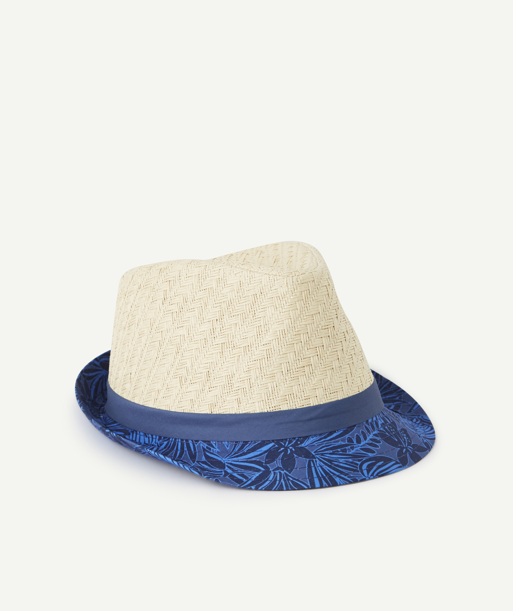 chapeau de paille garçon avec tissu bleu marine imprimé - 54