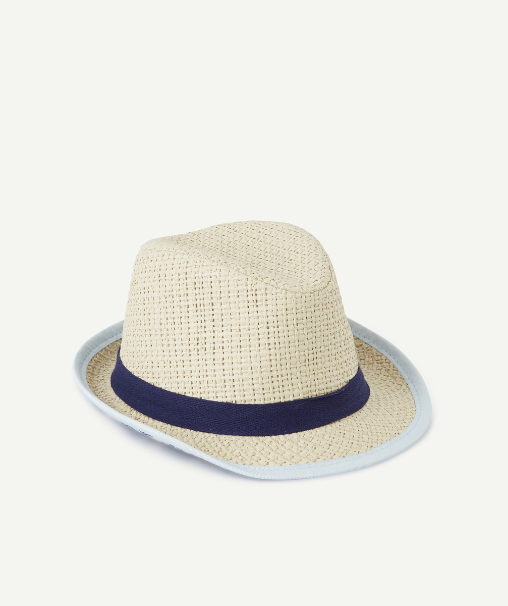 Chapeau de paille bébé garçon avec bande et liseré bleus - 45