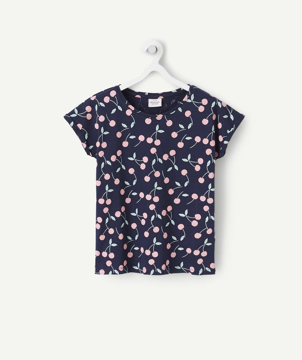 T-shirt fille en fibres recyclées bleu marine imprimé cerises - 14 A