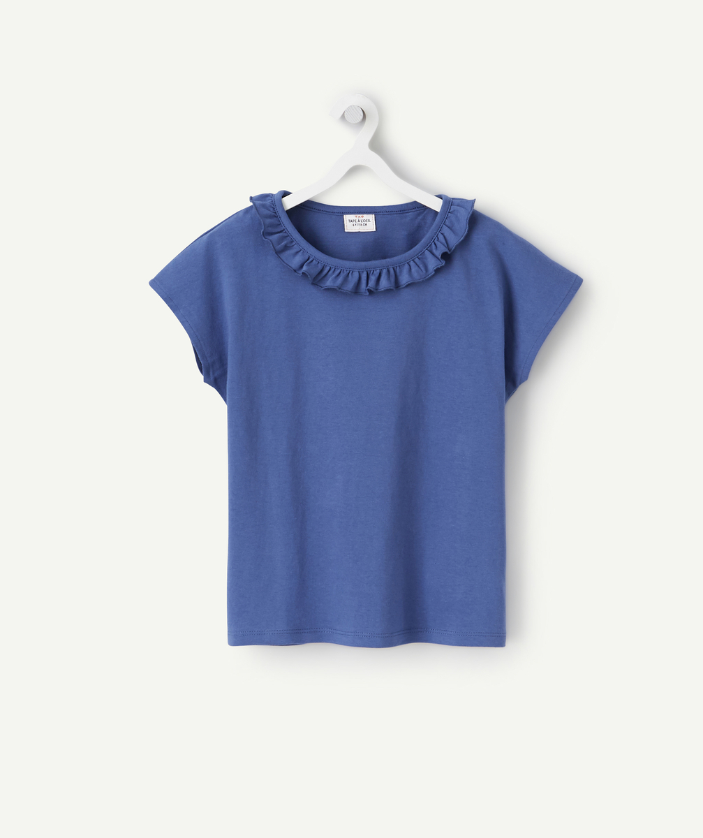 T-shirt fille en coton bleu avec col volanté - 10 A