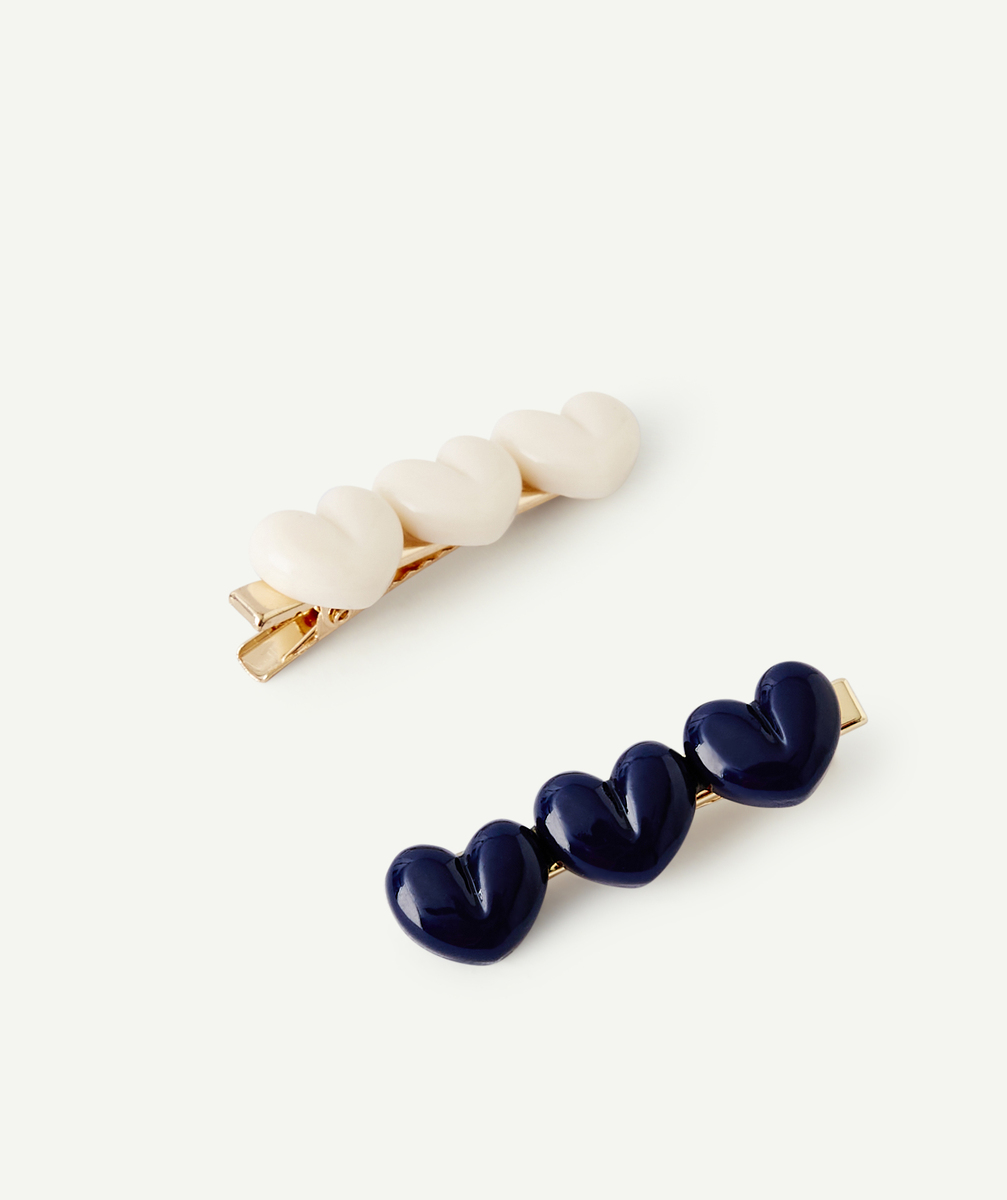 Lot de 2 barrette fille couleur dorée avec coeurs bleu et écru - TU
