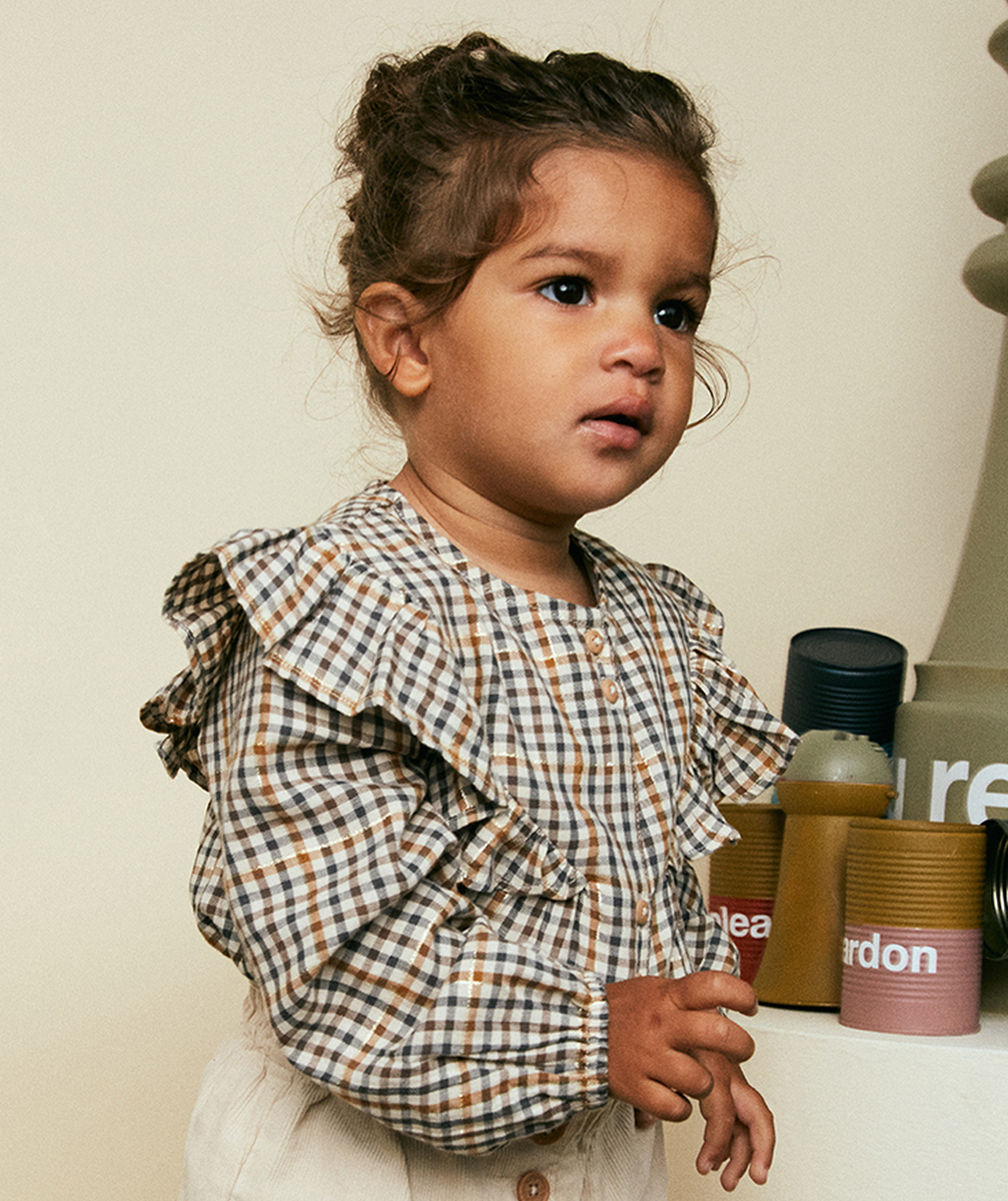 Chemise à carreaux avec liserets couleur dorée et volants bébé fille - 18 M