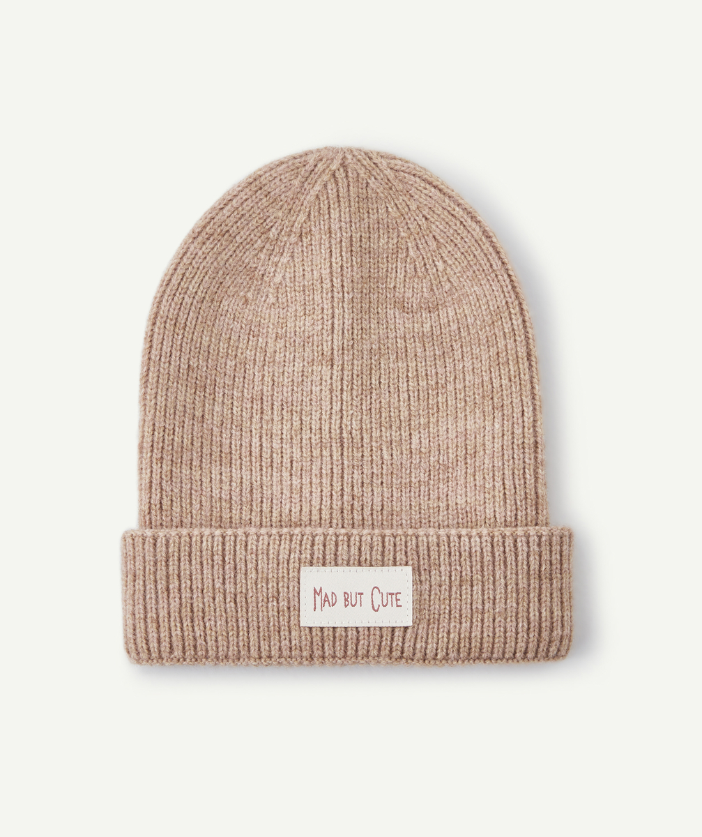 Le bonnet fille en tricot beige avec message - TU