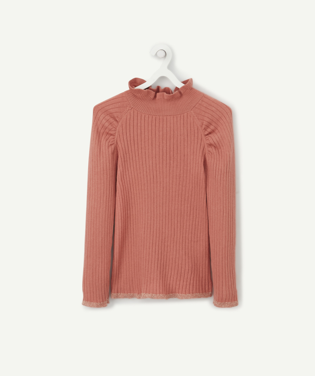 Pull fille rose à côtes avec col montant volanté - 10 A