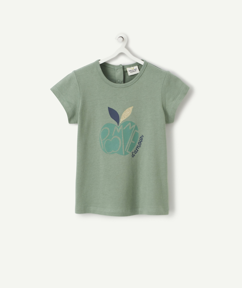 T-shirt bébé fille en coton biologique vert avec pomme imprimé - 3 M