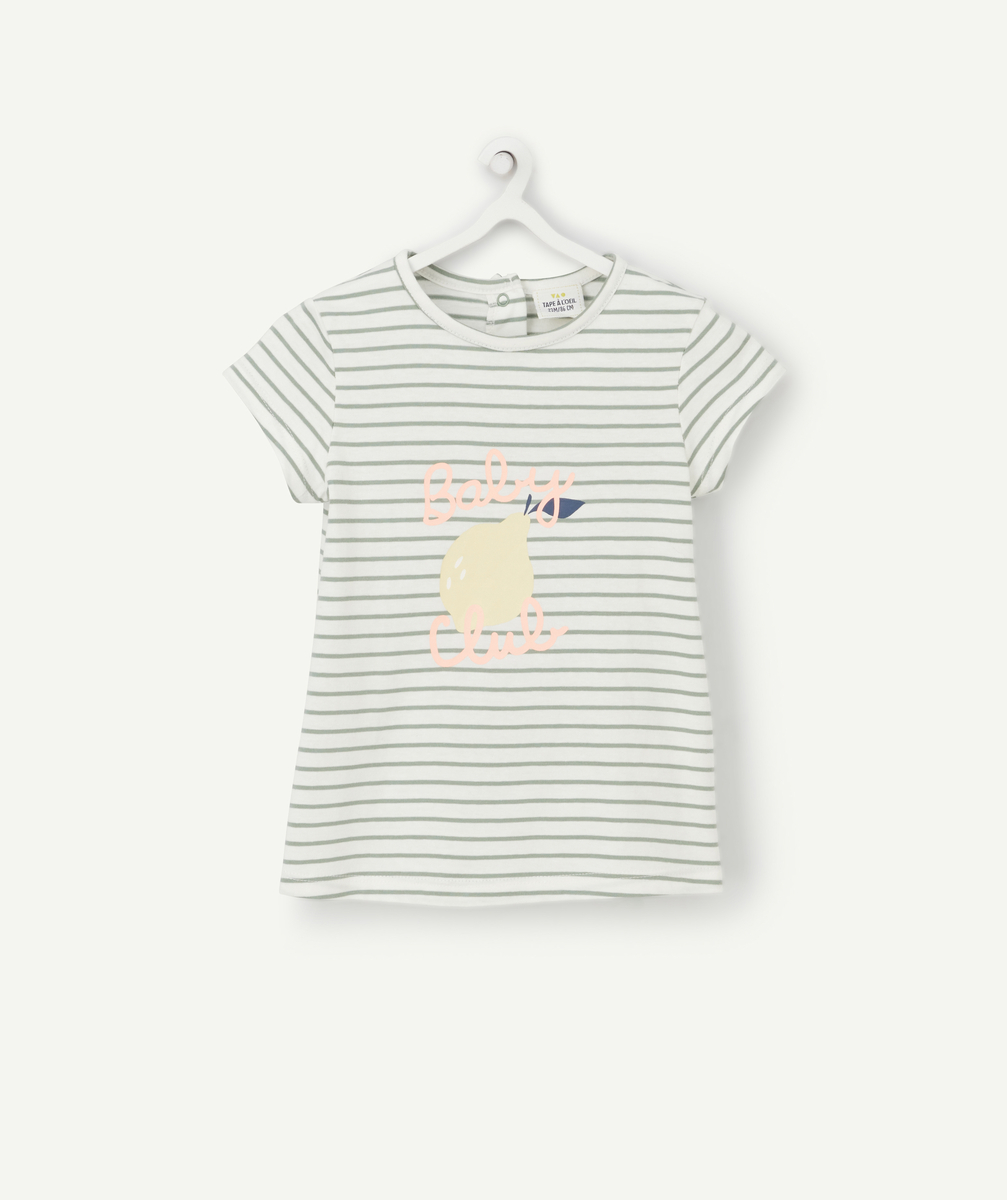 T-shirt bébé fille en coton biologique rayé vert et blanc - 9 M