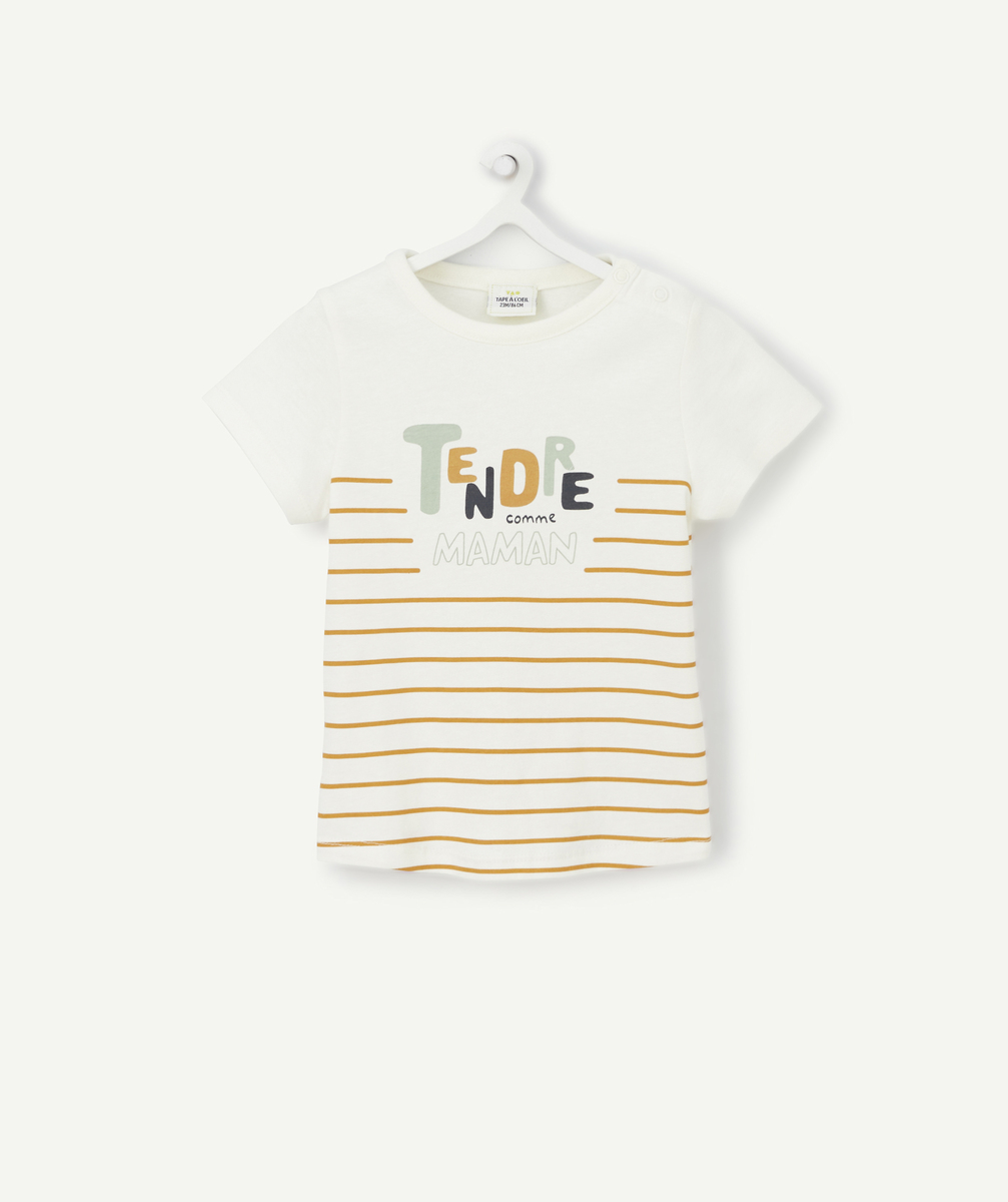T-shirt bébé garçon en fibres recyclées rayé écru et camel - 1 M