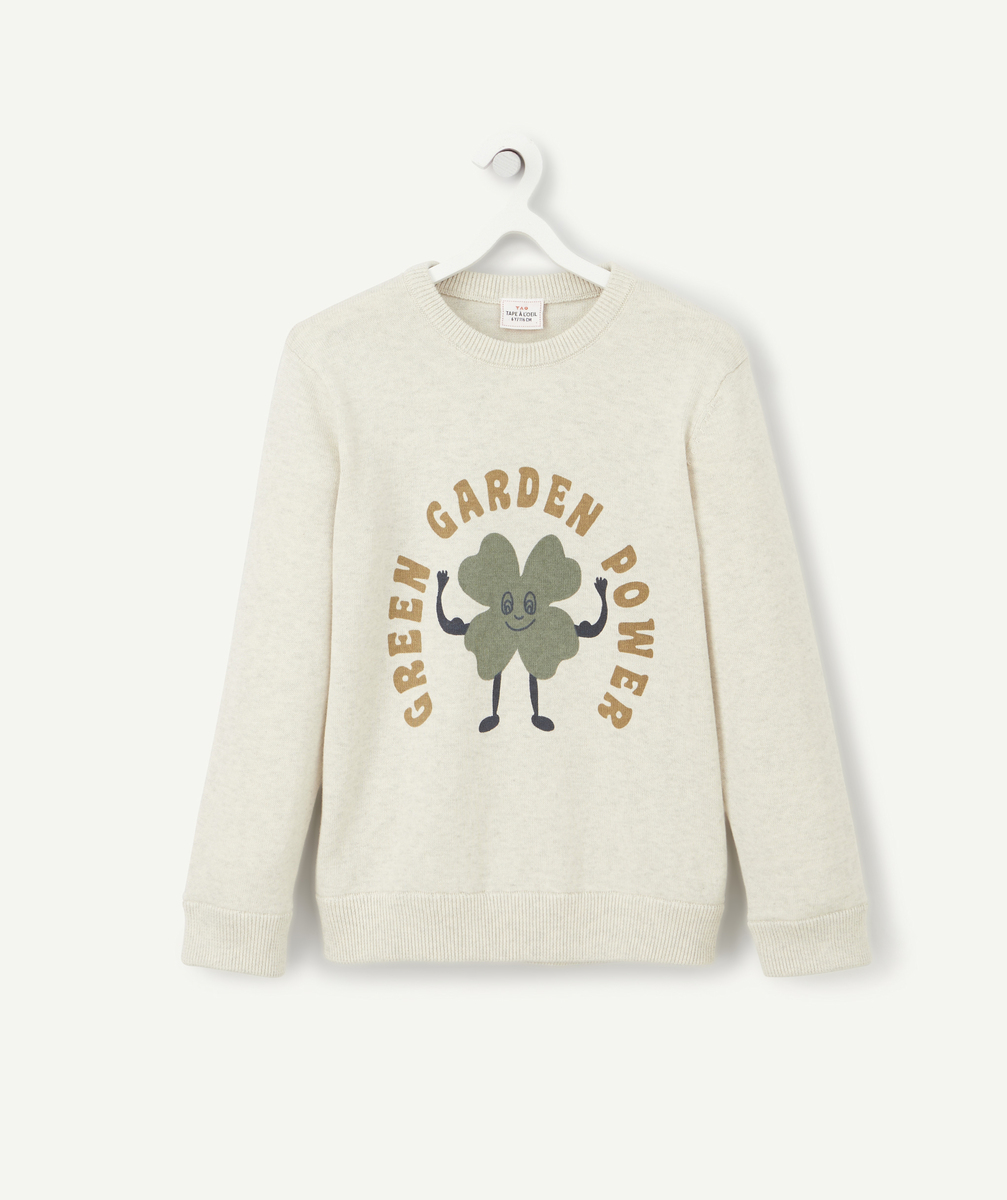 Pull garçon en coton écru avec message et trèfle - 4 A