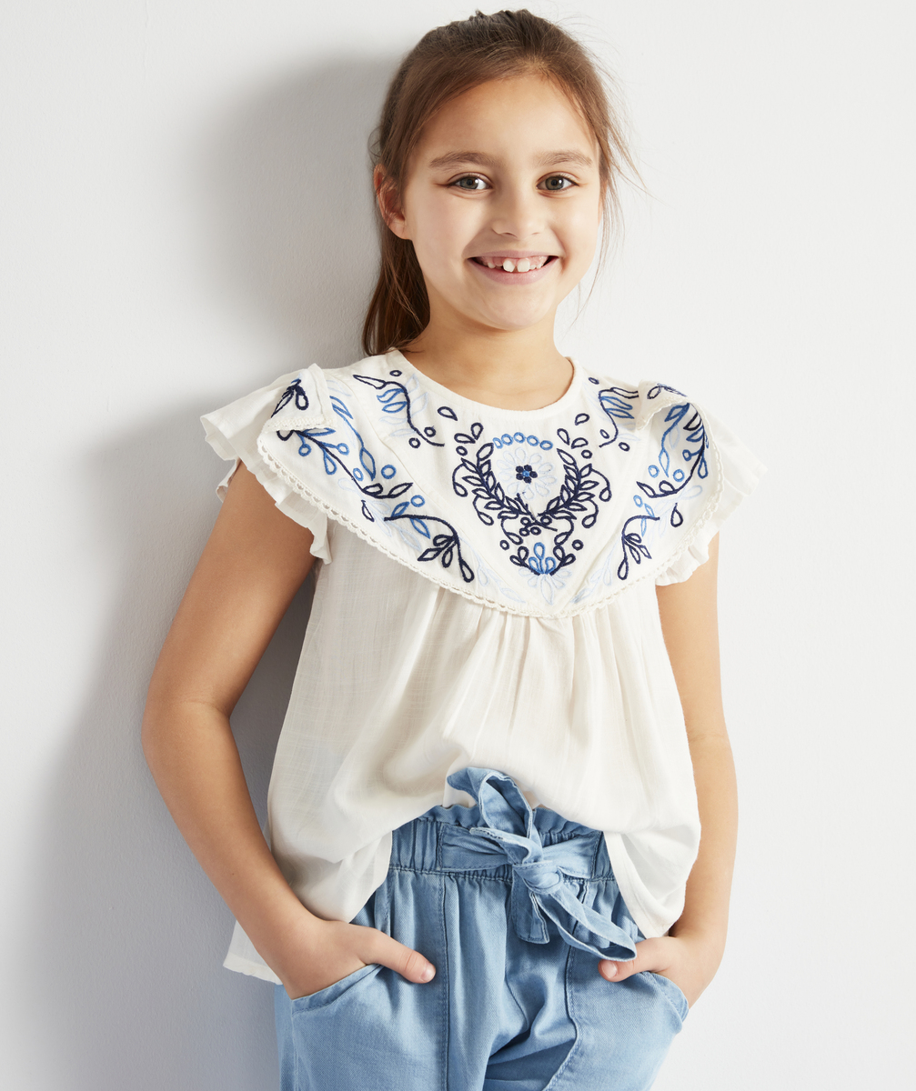 Blouse fille en viscose responsable blanche avec broderies bleues - 14 A